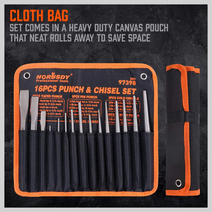16-Piece Punch and Chisel Set – Chrome Vanadium Steel Hand Tool Kit for Metalworking, Automotive Repair & Workshop Projects