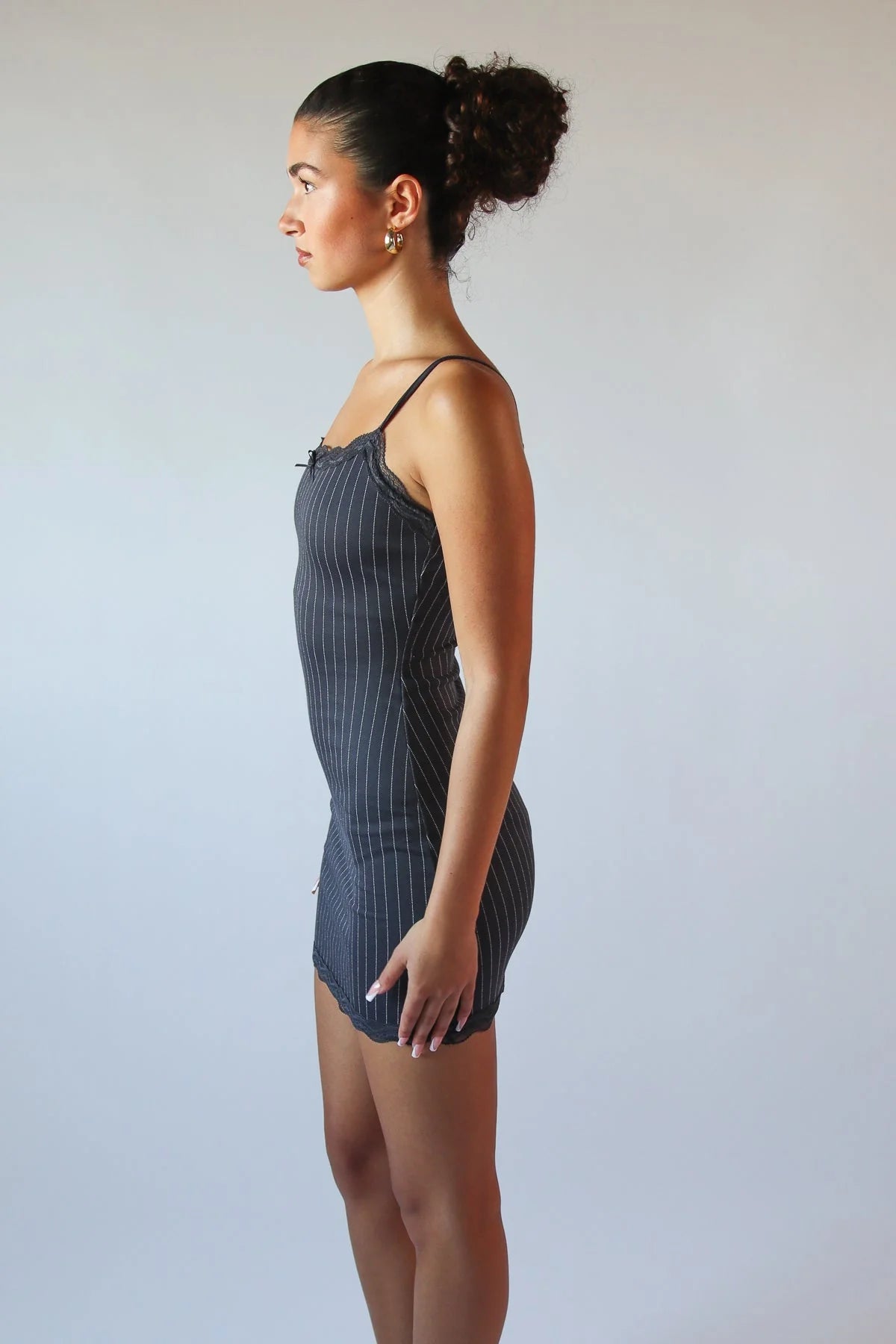 Lace Trim Pinstripe Mini Dress