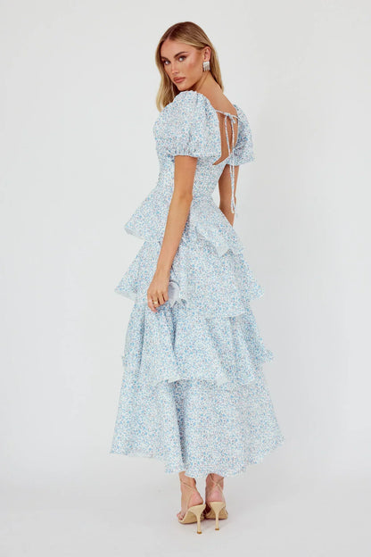 Giavana Puff Sleeve Layered Maxi Dress Floral Blue