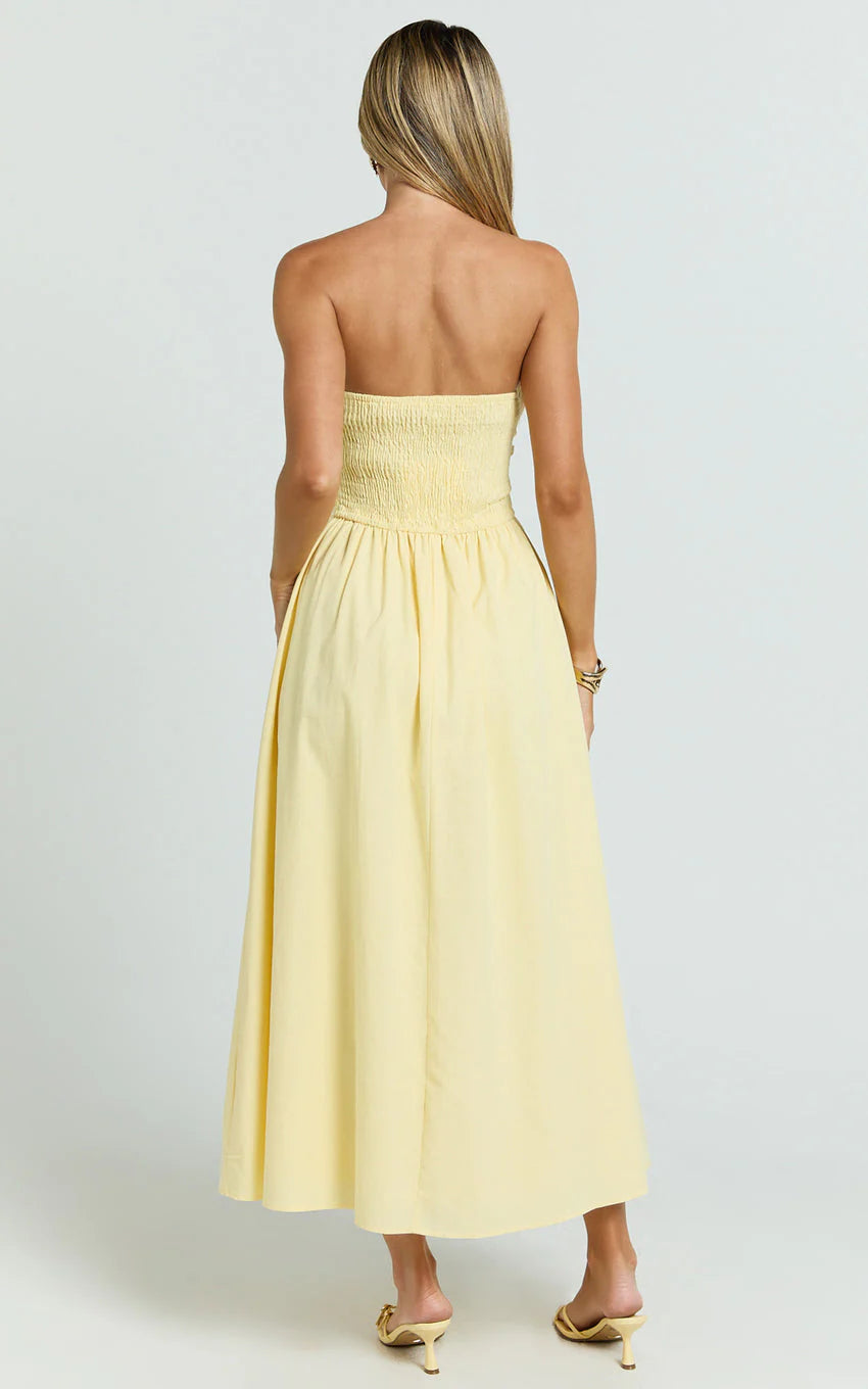 Polly Midi Dress - Strapless Ruched Dress in Lemon