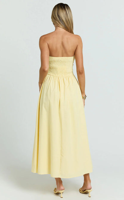 Polly Midi Dress - Strapless Ruched Dress in Lemon