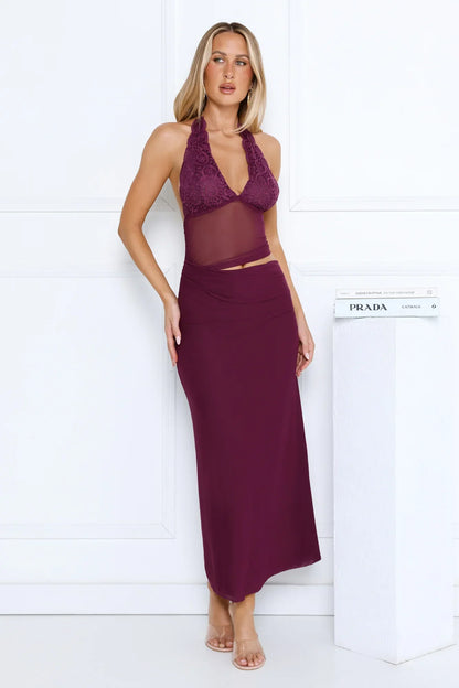 Haute Mode Mesh Halter Maxi Dress Plum