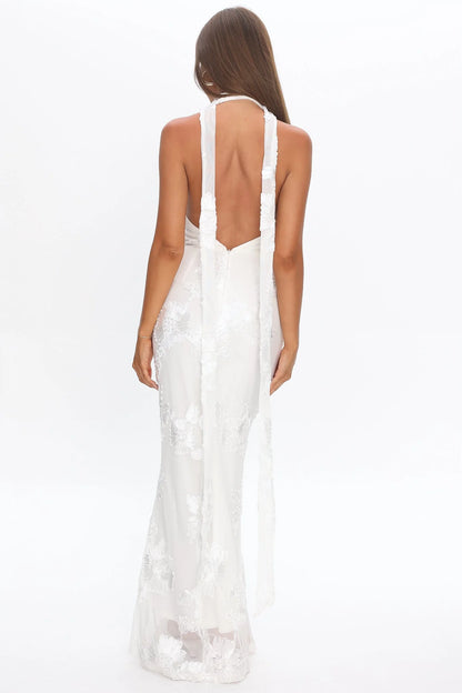 Cipriana Backless Halter Maxi Dress Embellished Floral White
