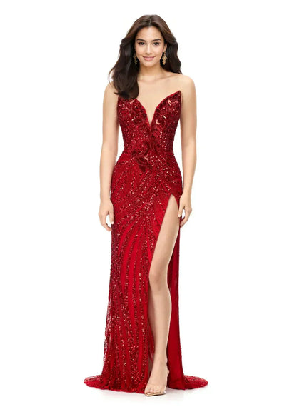 Long Fitted V Neck Slit Beaded Sequin Prom Dress Pageant Gown
