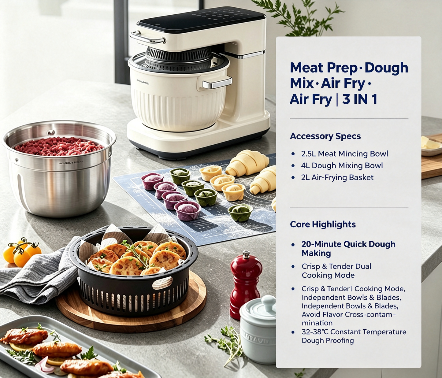 Multifunctional Chef Machine | Dough Mixer, Meat Grinder, and Air Fryer—All-in-One Household Cooking Machine