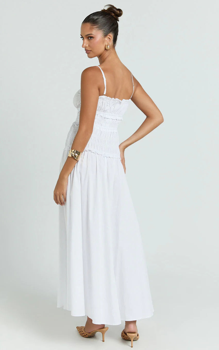 Cami Midi Dress - Rushed Bodice Dress in White