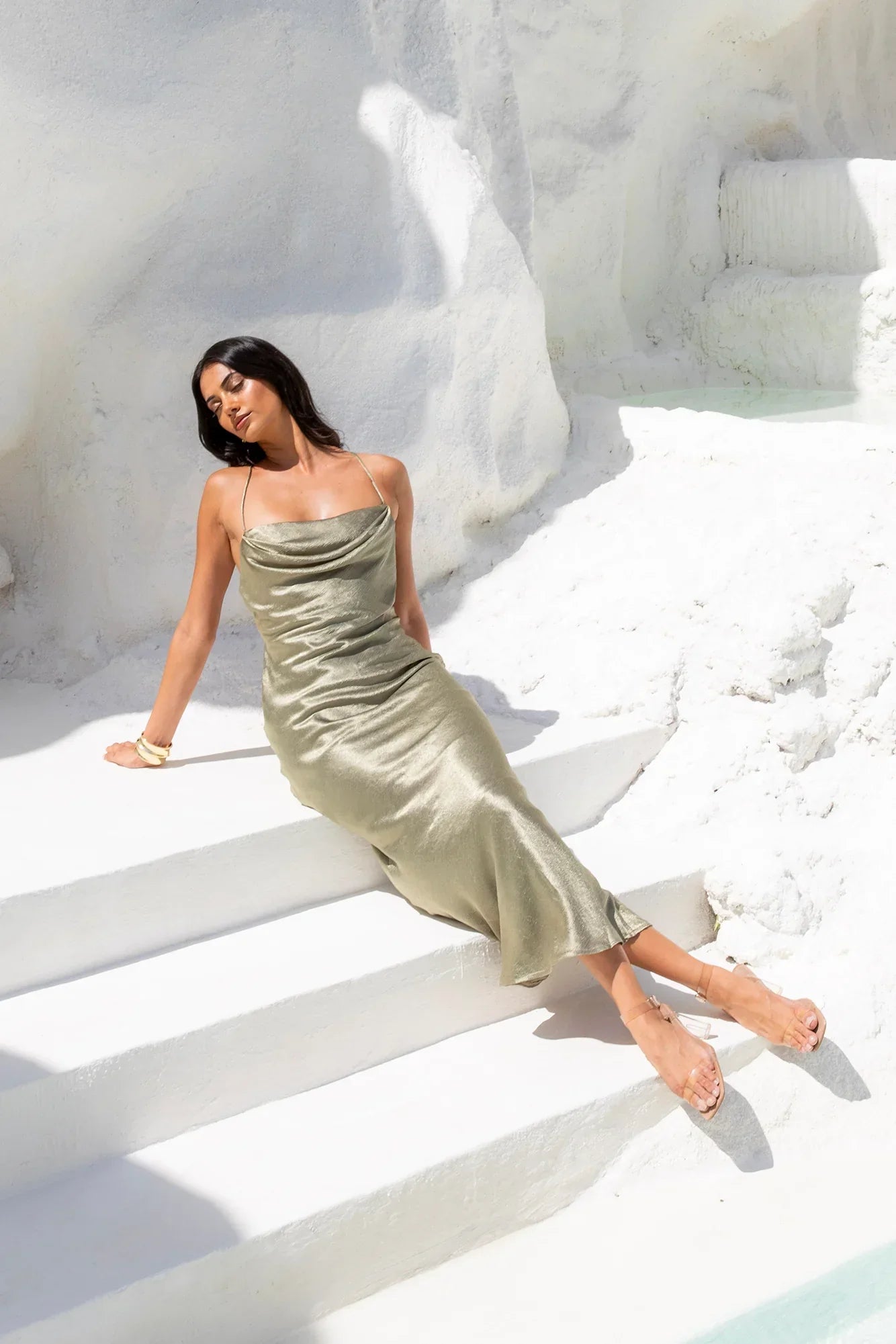 NYC Nightlife Satin Maxi Dress Khaki