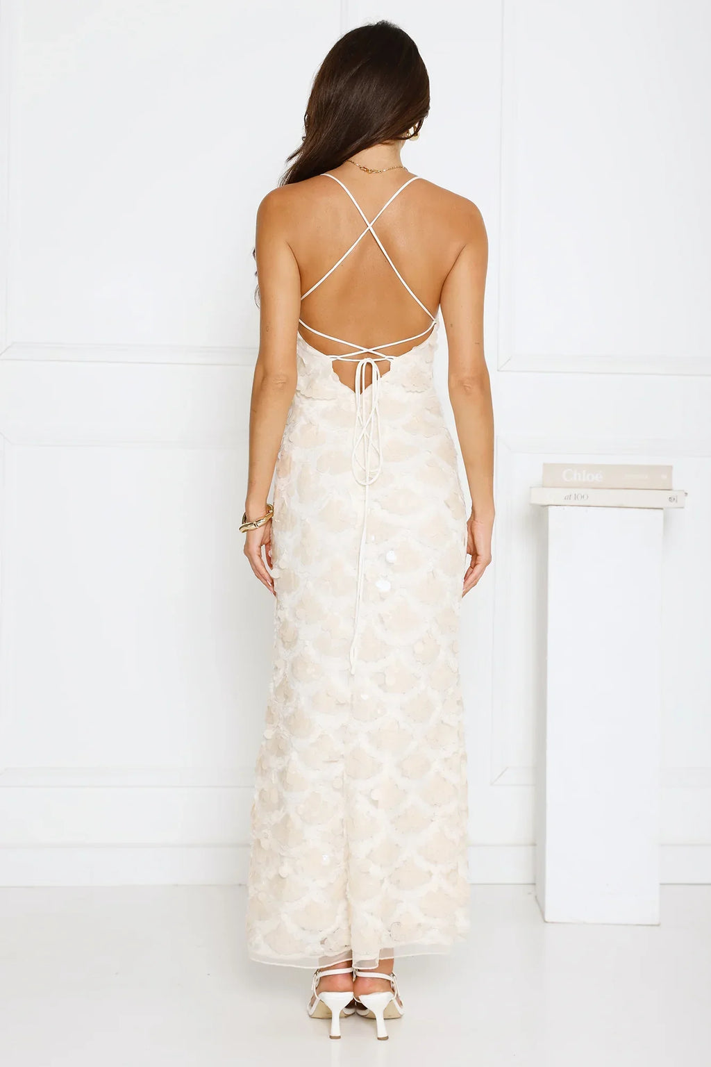 After Party Edit Halter Sequin Maxi Dress Cream
