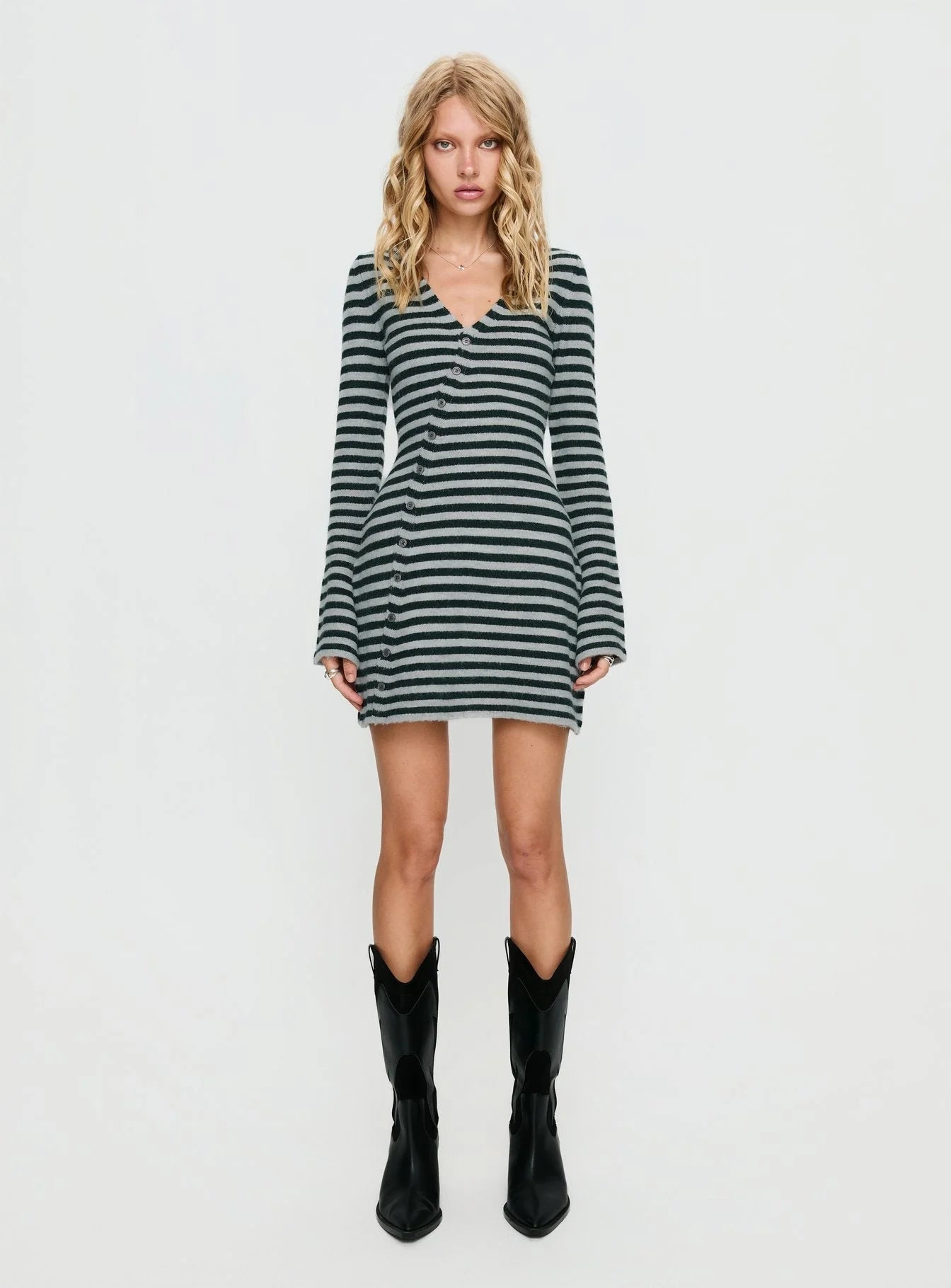 Morgen Asymmetrical Long Sleeve Mini Dress Grey / Green Stripe