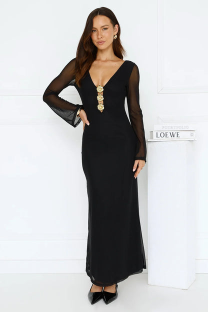 Golden Flower Mesh Long Sleeve Maxi Dress Black