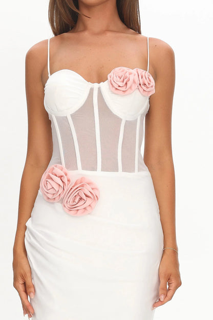 Ismera Sheer Bodice Rosette Maxi Dress White