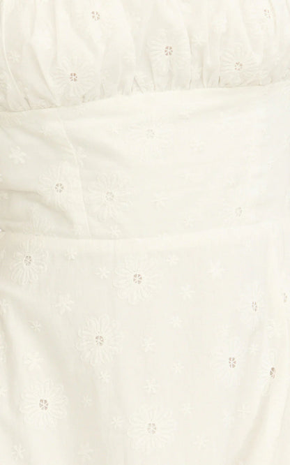 Lyra Midi Dress - Broderie Ruched Bust Halter Neck Dress in White