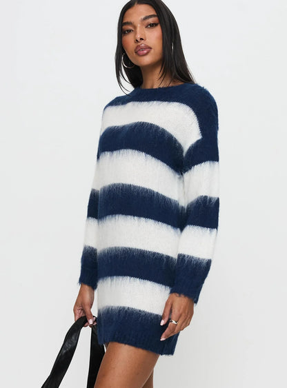 Iryna Long Sleeve Knit Mini Dress Navy / White Stripe
