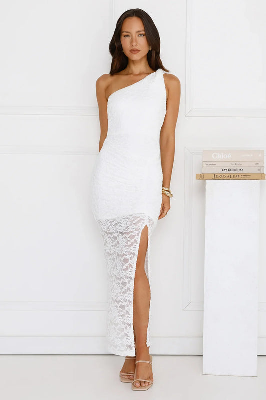 Champagne Crush One Shoulder Lace Maxi Dress White