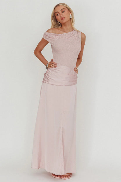 Diana Asymmetric Shoulder Pleat Waist Maxi Dress Blush
