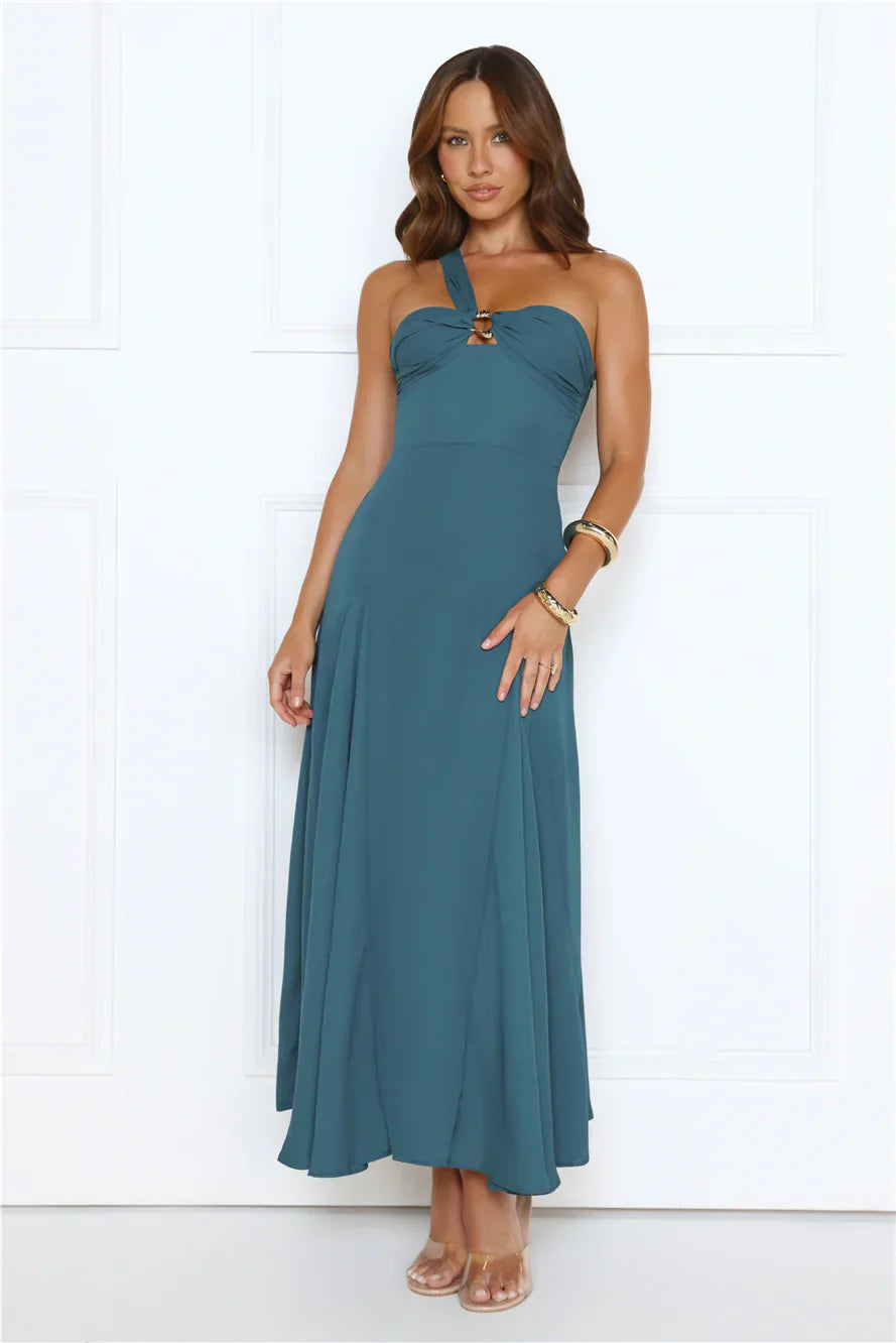 Glossed Edge One Shoulder Maxi Dress Teal