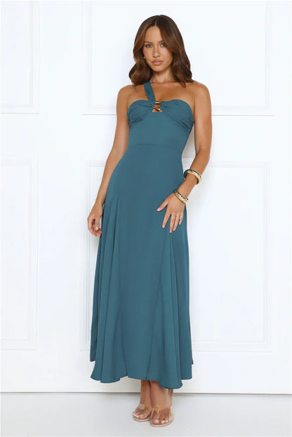 Glossed Edge One Shoulder Maxi Dress Teal
