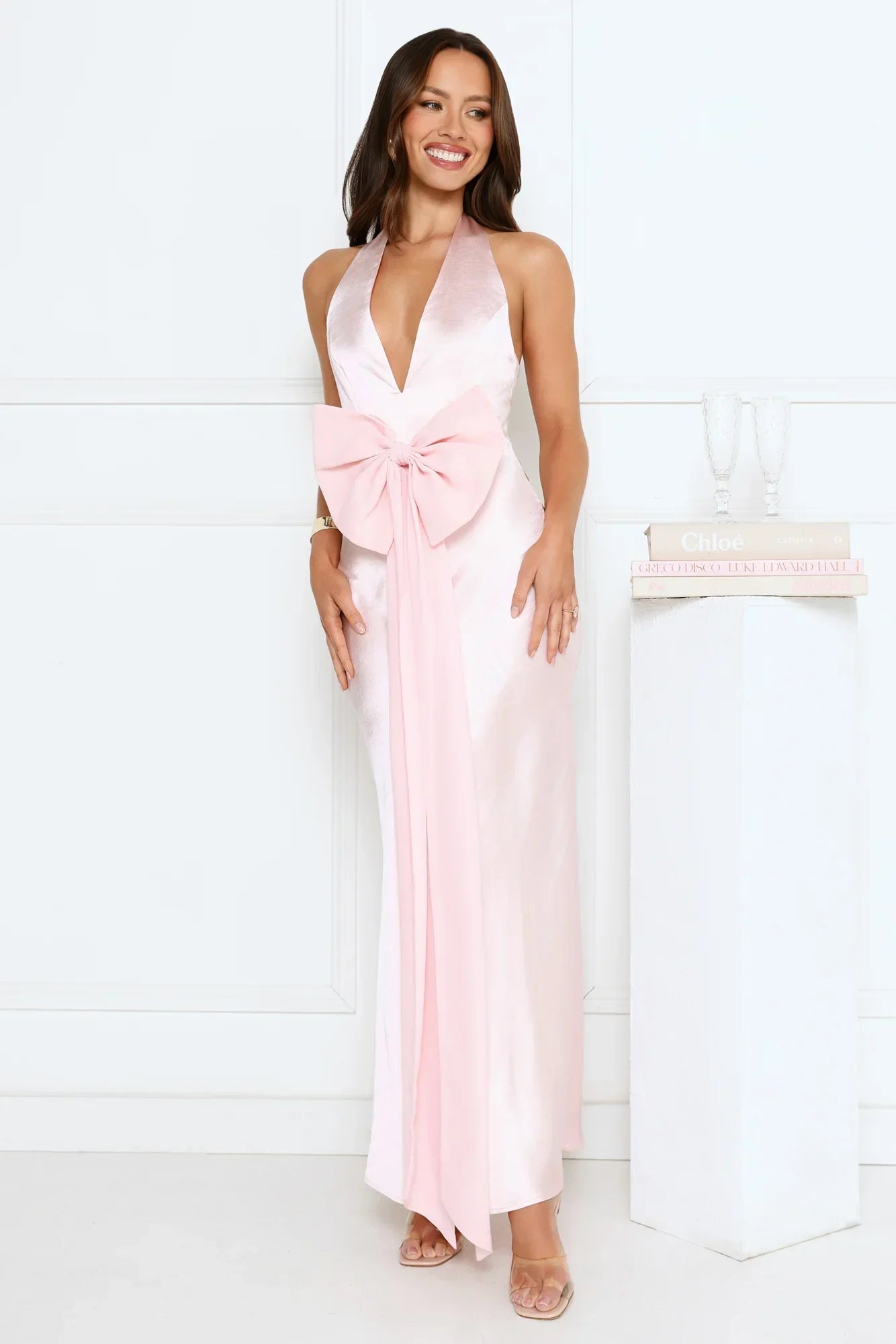 Beauty Hours Halter Satin Maxi Dress Pink