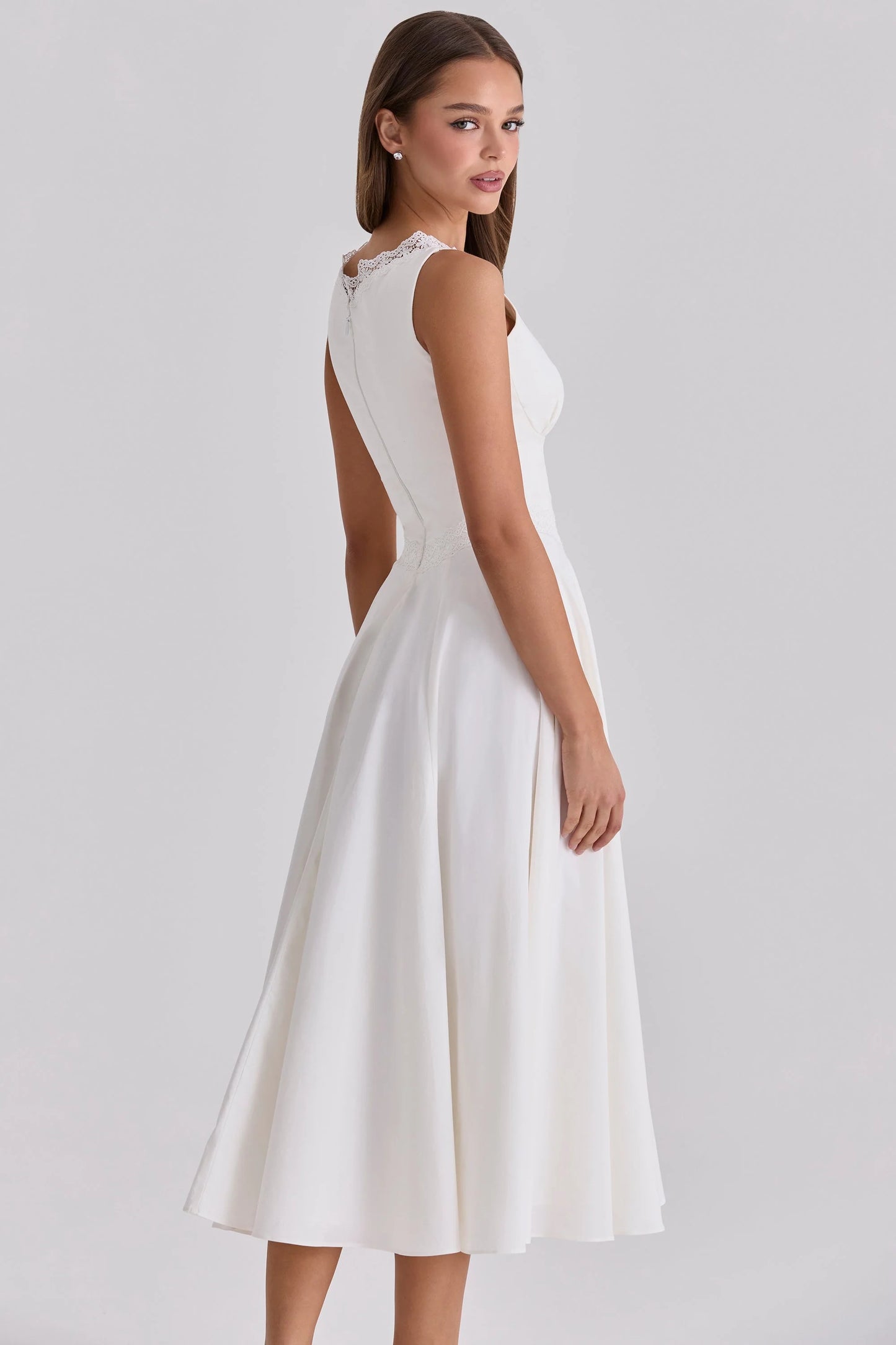 white cotton lace trim waist cinch midi dress