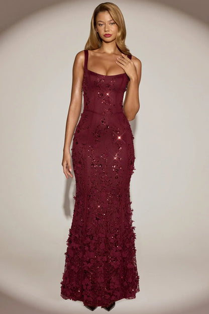 Embellished Fishtail Corset Gown in Wine Red
