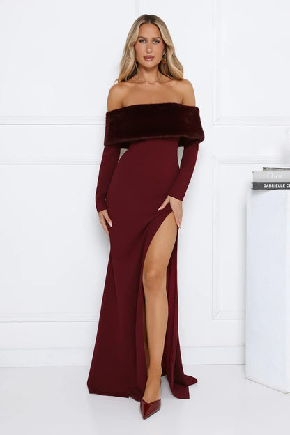 Glow In The Snow Faux Fur Off Shoulder Maxi Dress Wine