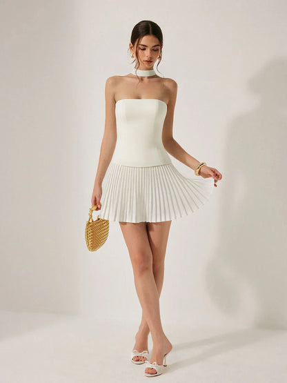 Halter Neck Strapless Pleated Mini Dress