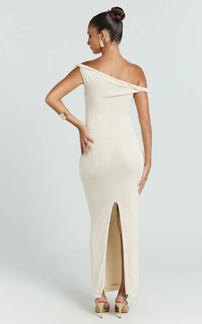 Isabel Midi Dress - Twist Off Shoulder Bodycon Dress in Cream