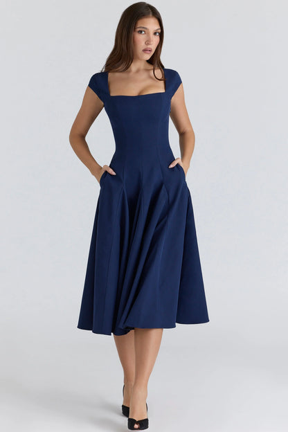 navy lace back twill midi dress