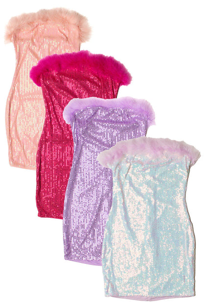 Sequin Fur Trim Strapless Mini Dress