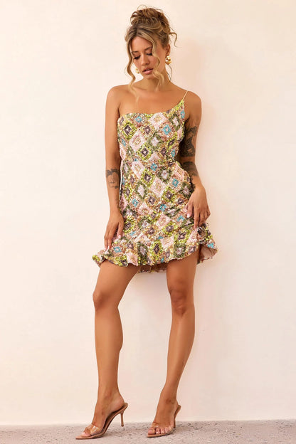 Mirage Mosaic Sequin Mini Dress - Lime Mult