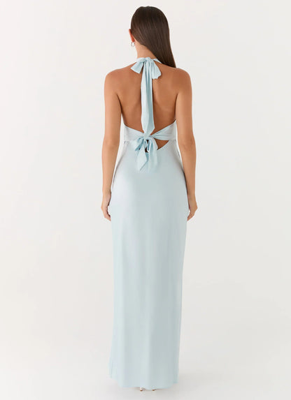 Heavy Hearted Satin Maxi Dress - Ice Blue
