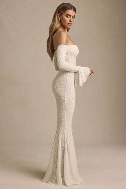 Off-Shoulder Ruffle Lace Maxi Dress in Ivory