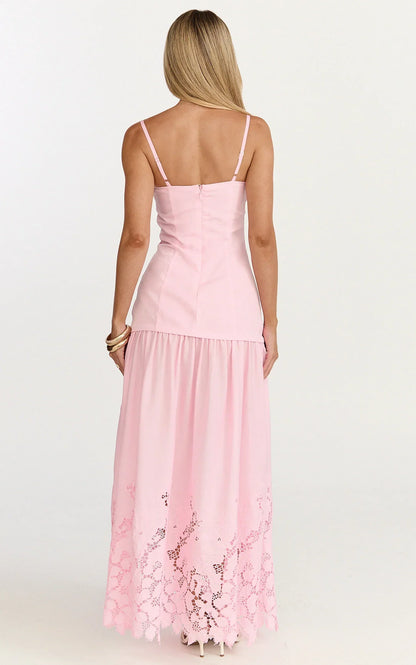 Everly Maxi Dress - Straight Neck Broderie Cut Out Hem Dress in Pink