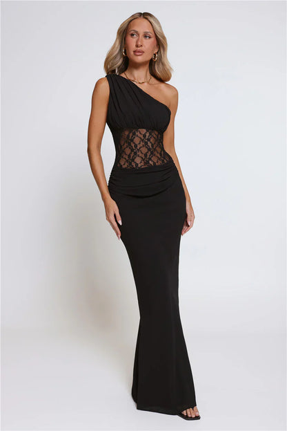 Lace Desire One Shoulder Maxi Dress Black