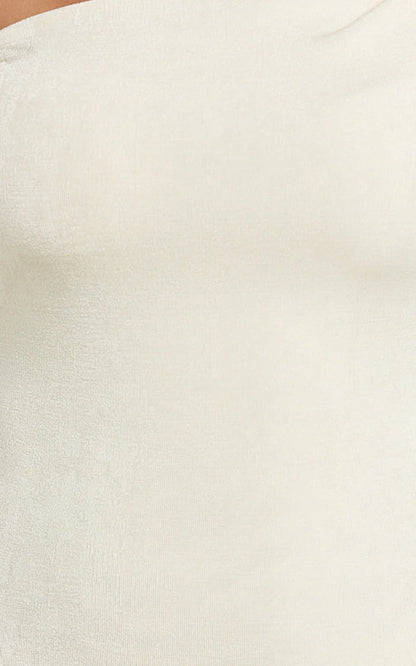 Isabel Midi Dress - Twist Off Shoulder Bodycon Dress in Cream