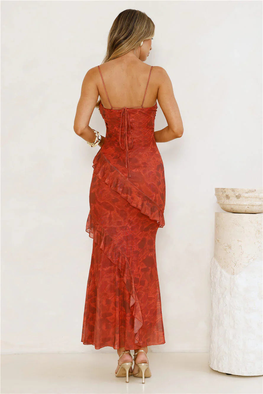 Gilded Muse Mesh Maxi Dress Red