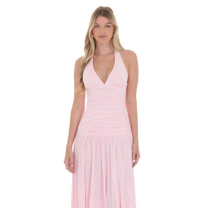 Halter Drop Waist Maxi Dress in Pink