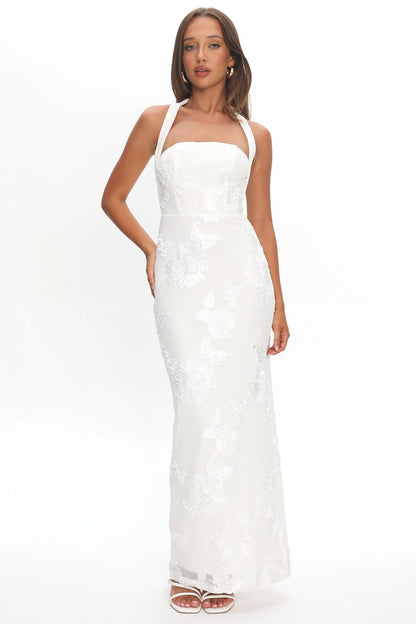 Serenya Halterneck Embellished Maxi Dress White