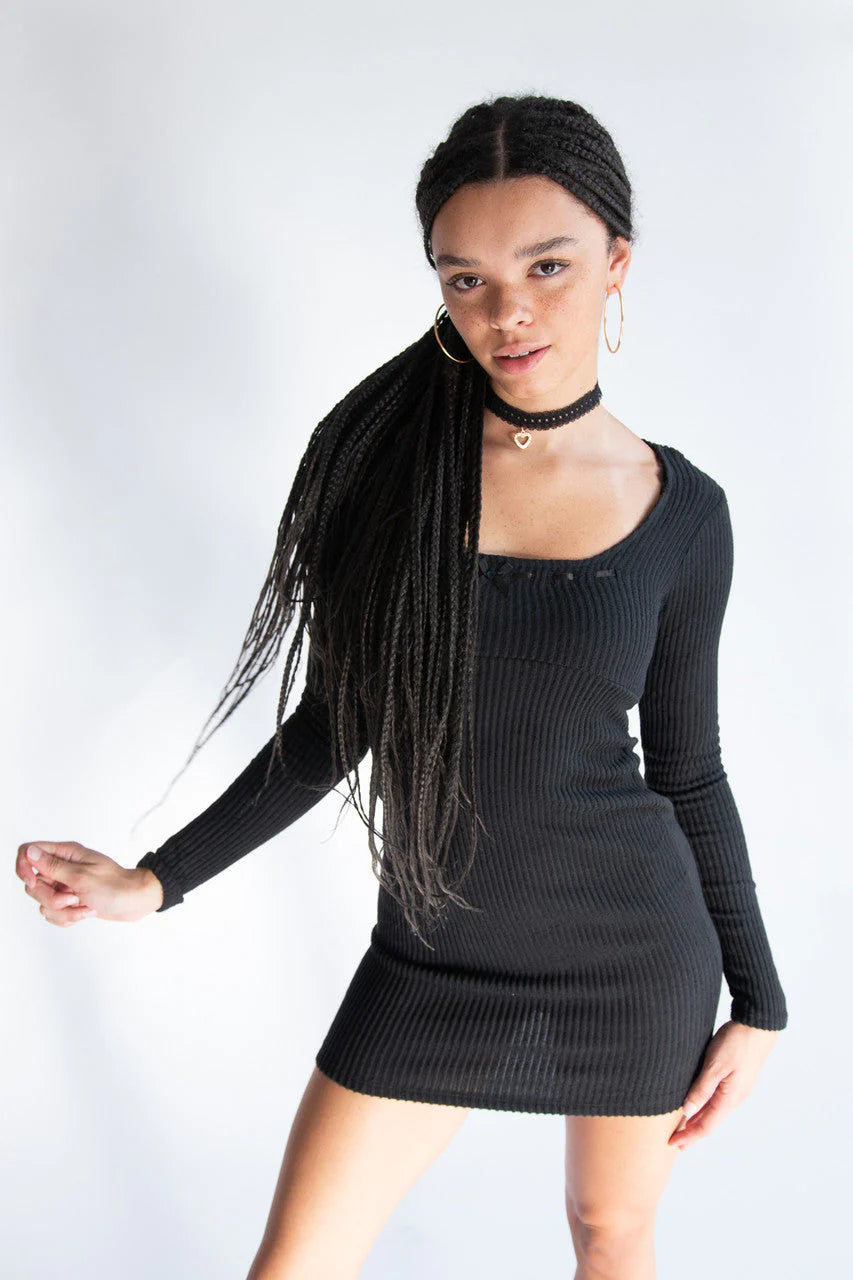 Ribbon Detail Ribbed Sweater Dress