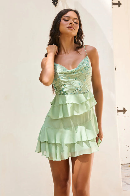 Whispered Eden Beaded Chiffon Mini Dress - Green