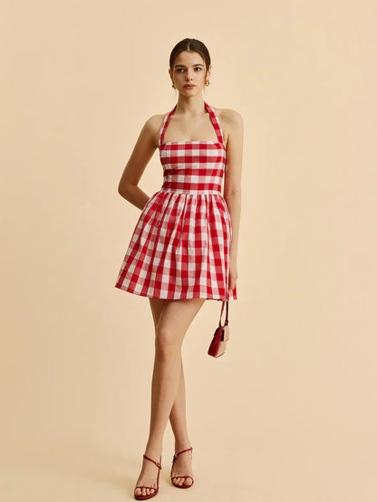 Plaid Halter Flare Dress