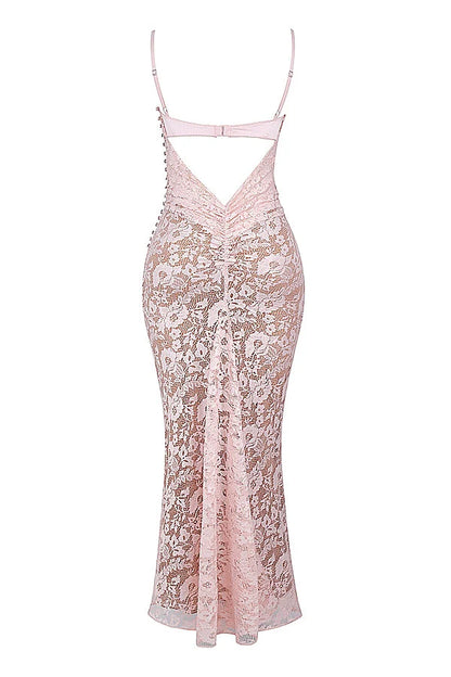 rose pink lace godet gown
