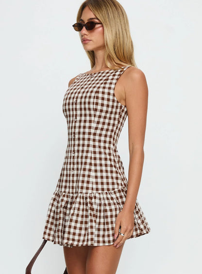 Kolbie Boat Neck Frill Mini Dress Brown Gingham