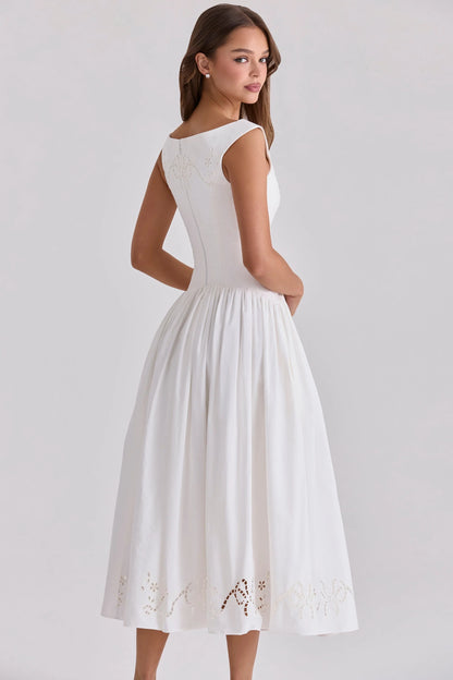 white cotton broderie anglaise boat neck maxi dress