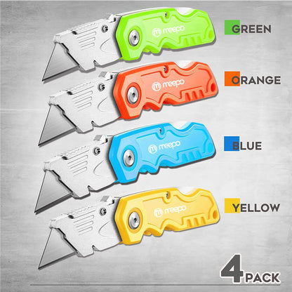 4-Pack Folding Utility Knife Set – Heavy Duty Box Cutter with 10 Replacement Blades for DIY, Home, Garage & Workshop