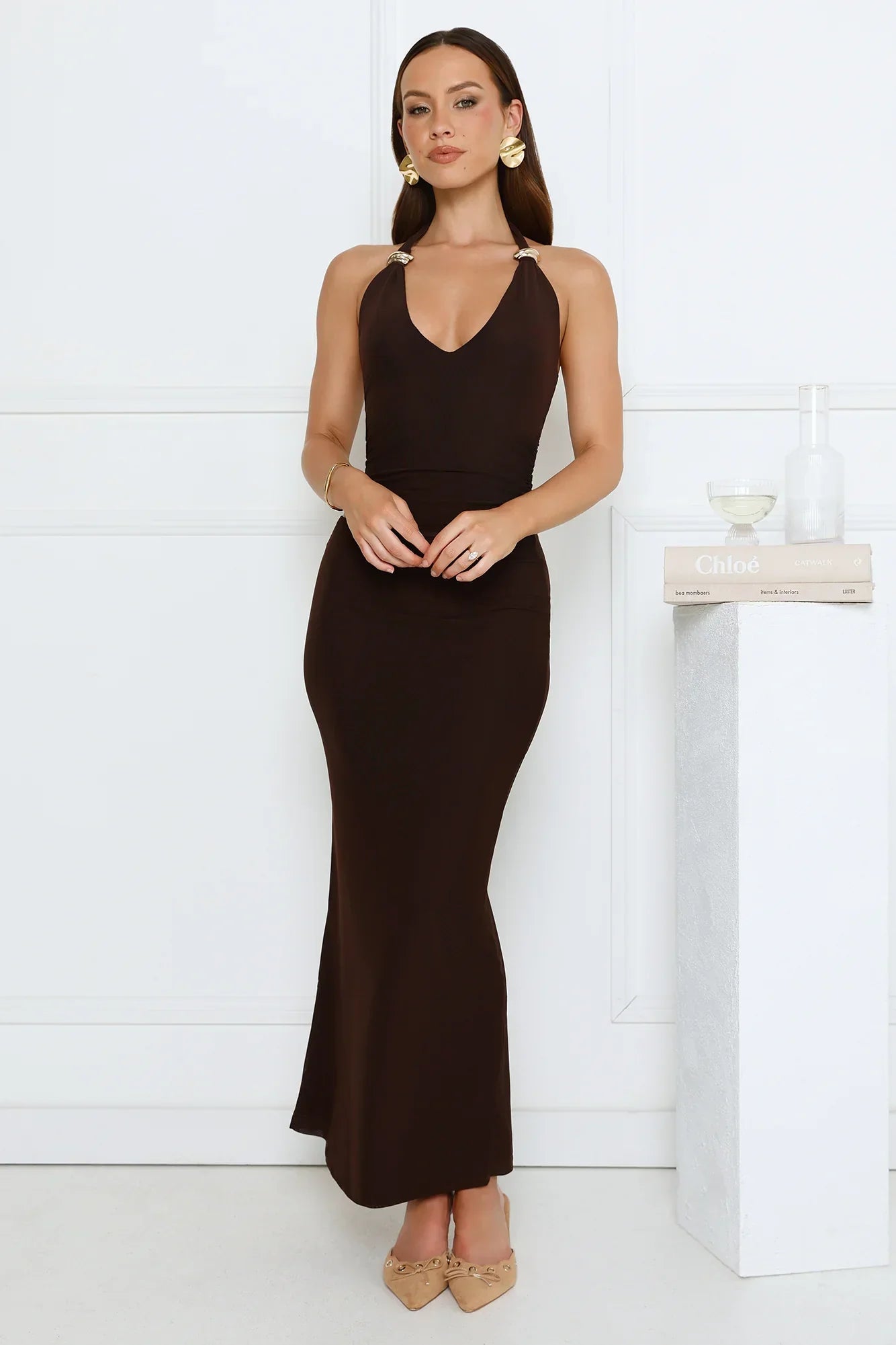 Midnight Élan Halter Maxi Dress Brown