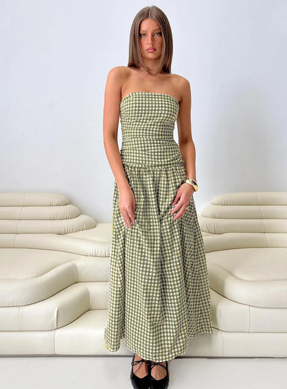 Frankey Strapless Drop Waist Maxi Dress Green Check