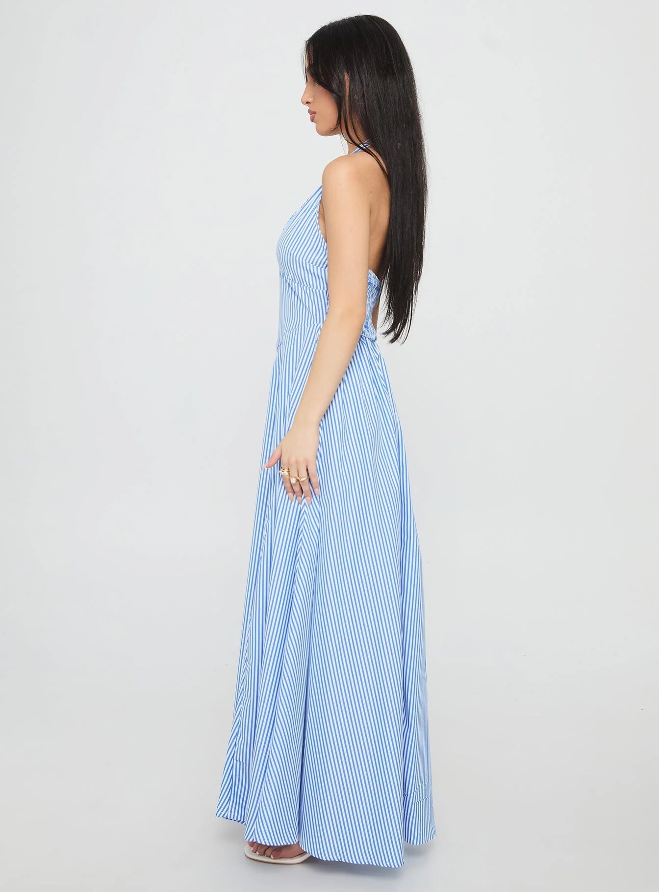 Ivie Halter Plunge Maxi Dress Blue Stripe