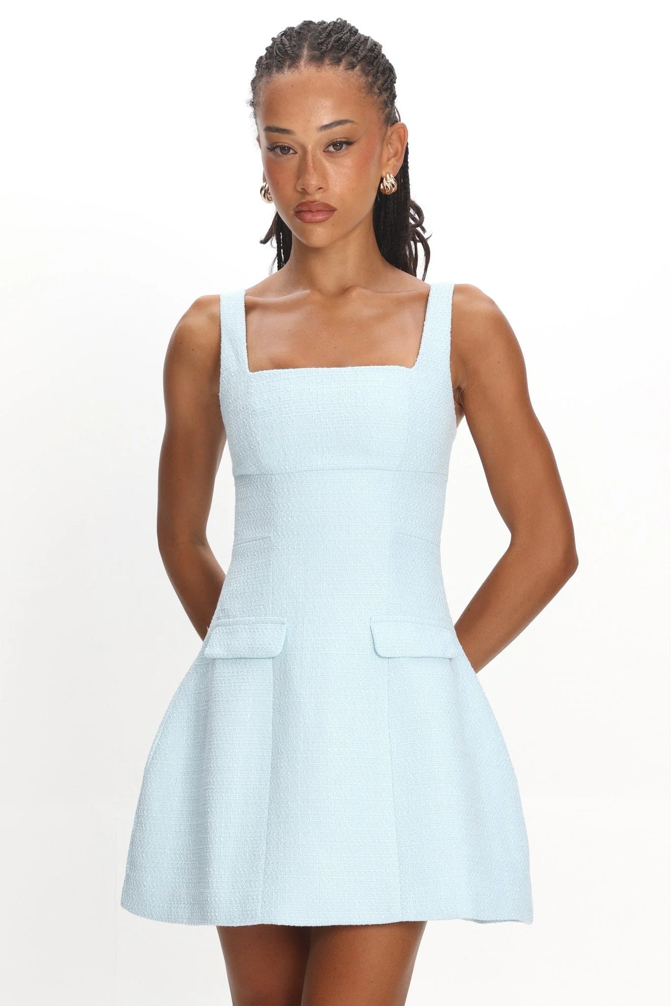 Melodic Faux Pocket Tweed Mini Dress Blue