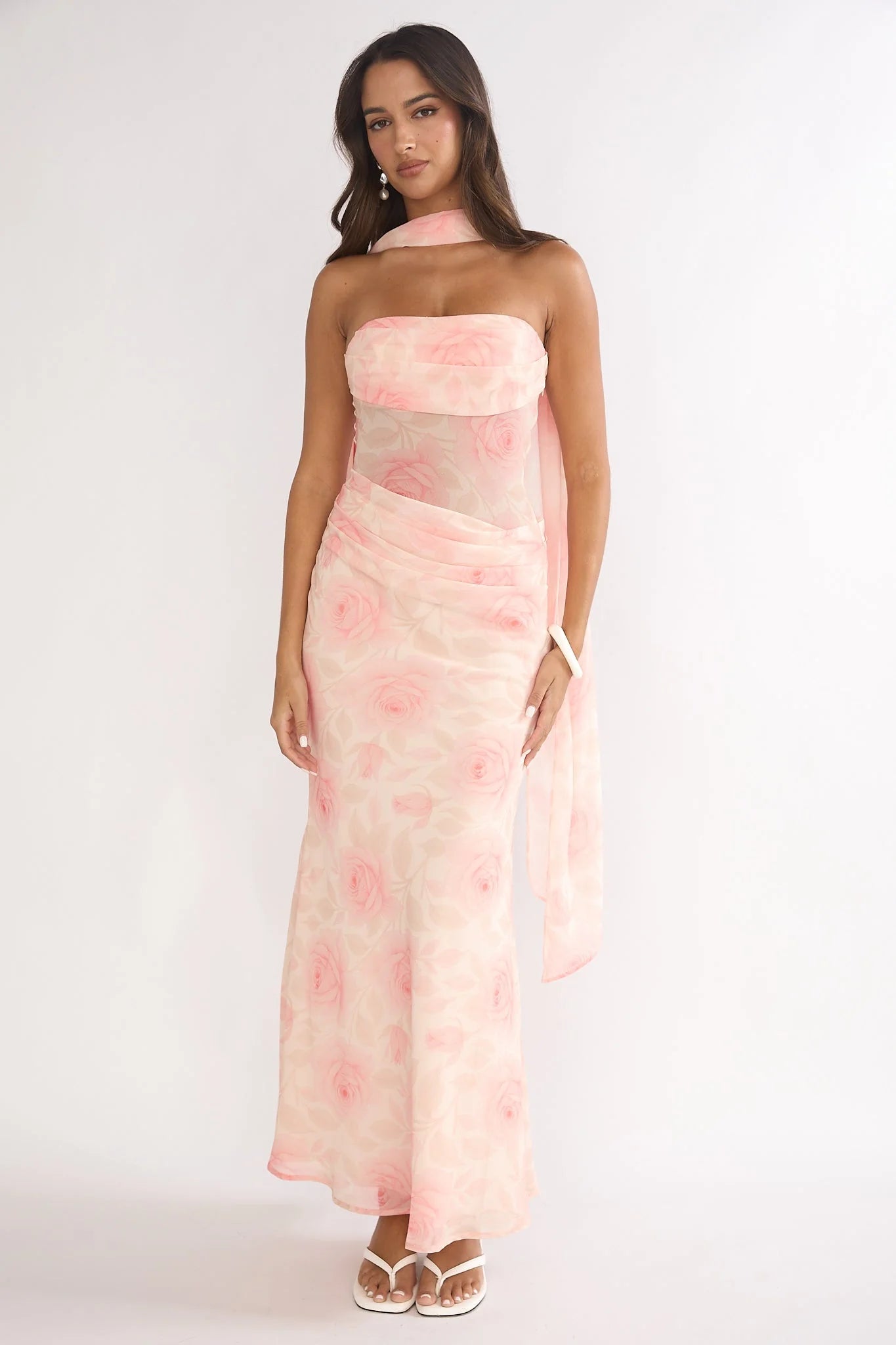 Unforgettable Day Drape Waist Strapless Maxi Dress Roses Floral